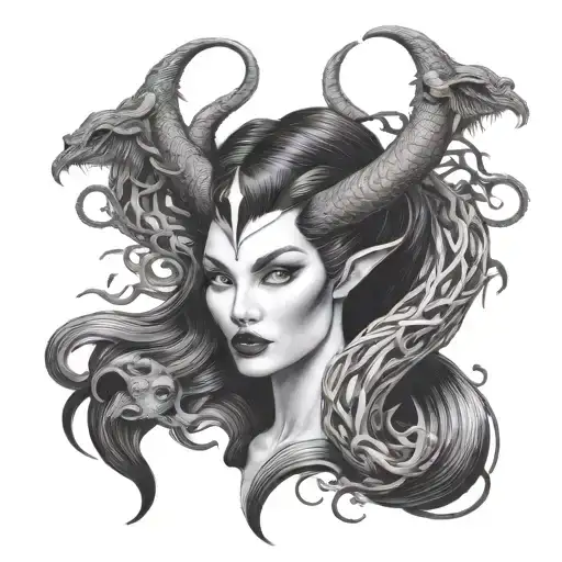 Maleficent And Medusa Combination Tattoo Design Featuring