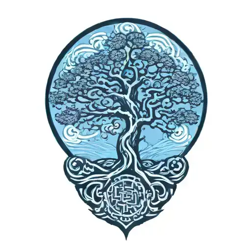 Tree Of Life With Japanese Sun In The Corner