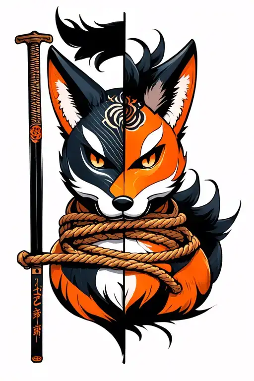 A Split In Half Kitsune Mask With A Katana Behind It And A Rope Wrapped Around It