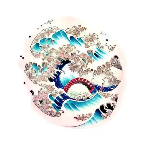 Japanese Waves With Cherry Blossoms With Color Forearm