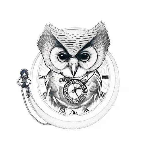 Barnowl With Pocket Watch And Moon
