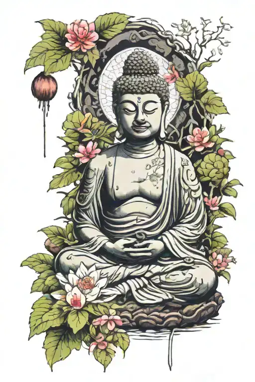 Mossy Stone Buddha Sitting In A Body Of Water Surrounded By Native Hawaiian Plants