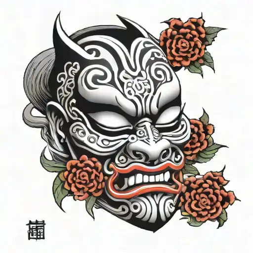 Japanese Mask Split Horizontally In Half Black And Grey