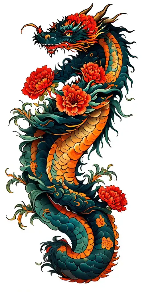 Japanese Dragon Wrap Around Clouds Carnation Flowers And Swirl Patters
