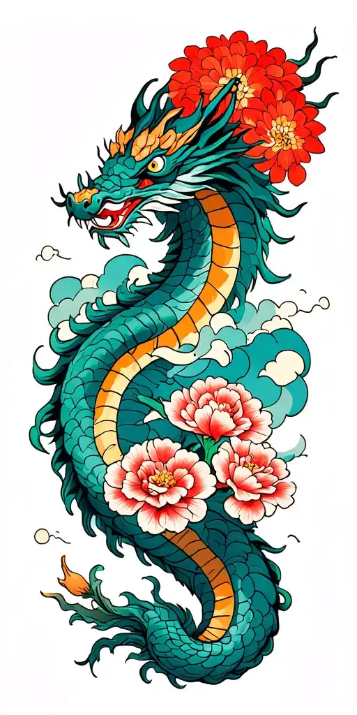 Japanese Dragon Wrap Around Clouds Carnation Flowers And Cyclone Filler