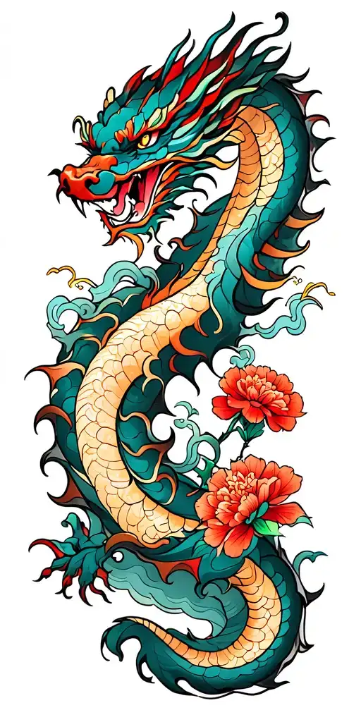 Japanese Dragon Wrap Around Clouds Carnation Flowers And Wind Filler