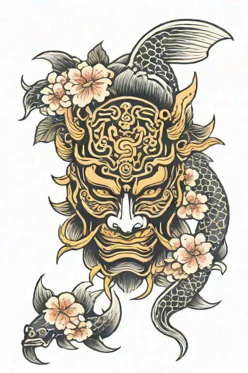 Japanese Samurai Hanya Oni Mask Surrounded With Sakura Flowers And Koi Fish