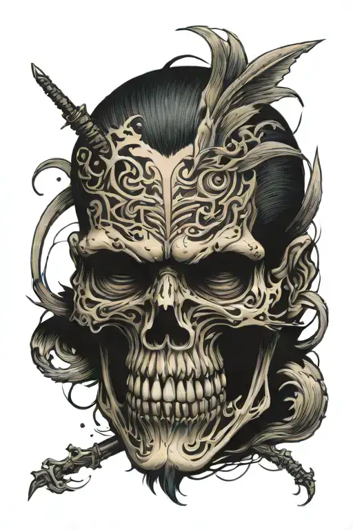 Half Mask Broken By The Middle Showing A Skull On The Back