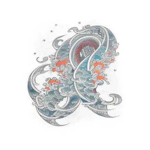 A Gaming Controller Intertwined With A Japanese Wave Pattern