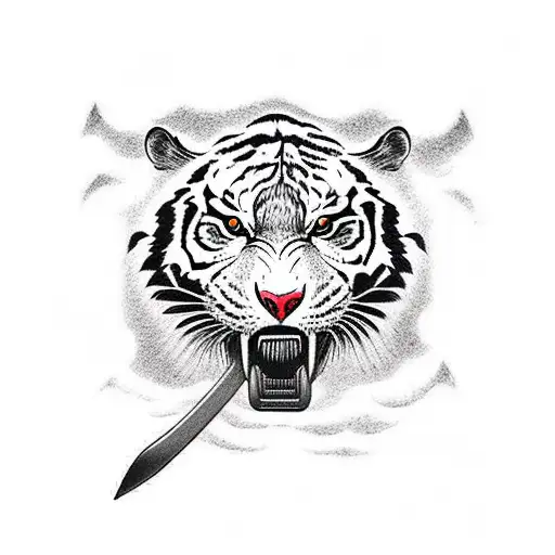 A Fierce Tiger Emerging From Crashing Waves With A Katana In Its Mouth