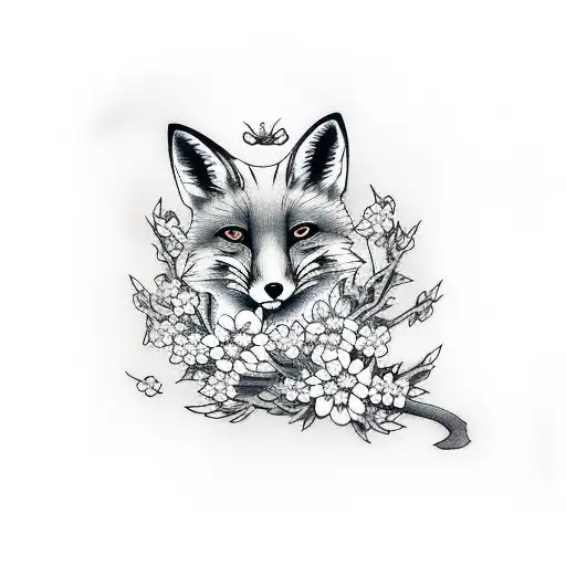 Fox With Japanese Fan And Lots Of Cherry Blossom