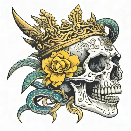 Human Skull With Snake Teeth And Crown