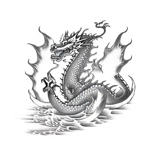 A Fire-breathing Dragon Emerging From The Sea In A Blackwork Style