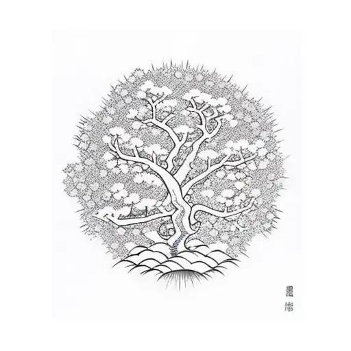 Cherry Blossom Tree With Lotuses At The Base