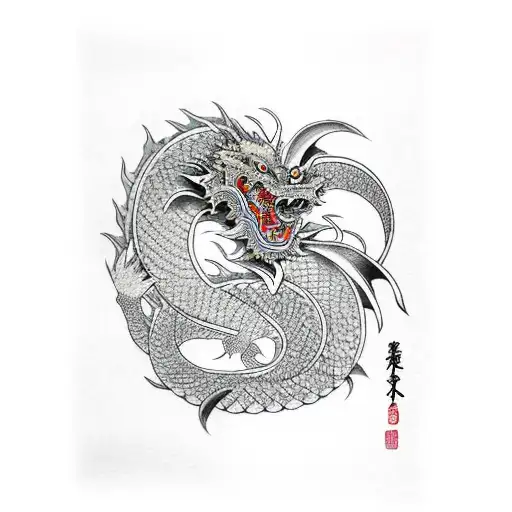 Japanese Dragon Curling Up A Waterfall