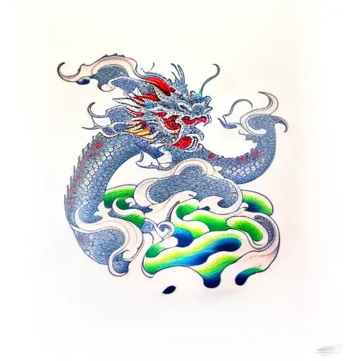 Japanese Dragon Swimming Up A Waterfall