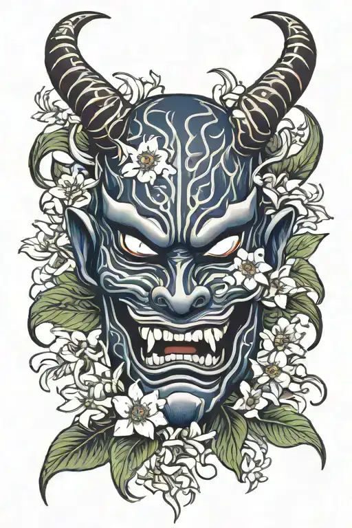 Japanese Oni Mask With Spider Lillies Growing Around
