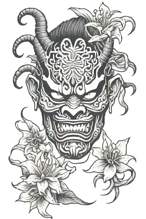 Japanese Oni Mask With Spider Lillies Growing Around