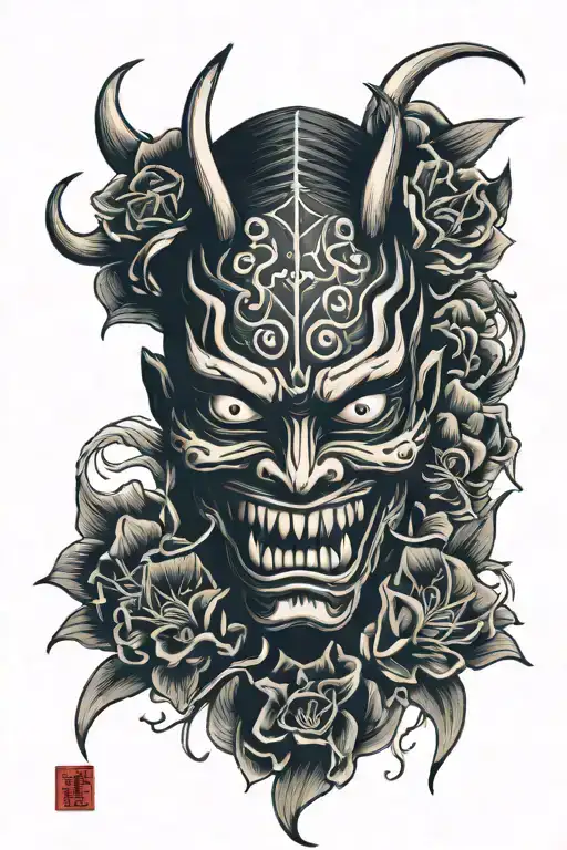 Japanese Oni Mask With Spider Lillies Growing Around