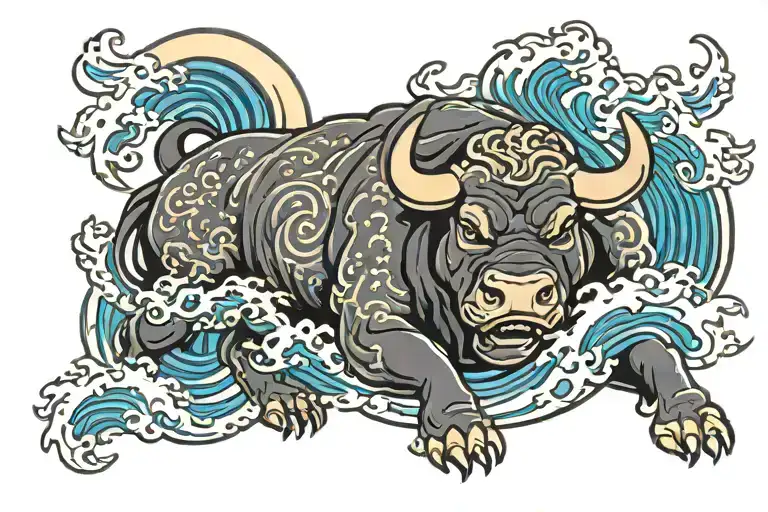 Japanese Bull Wrap Around Left Thighs With Waves Crashing In The Background