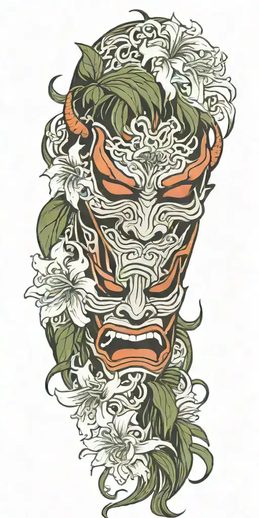Japanese Oni Mask Featuring Spider Lillies