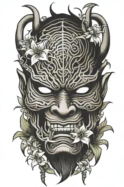 Japanese Oni Mask Featuring Spider Lillies