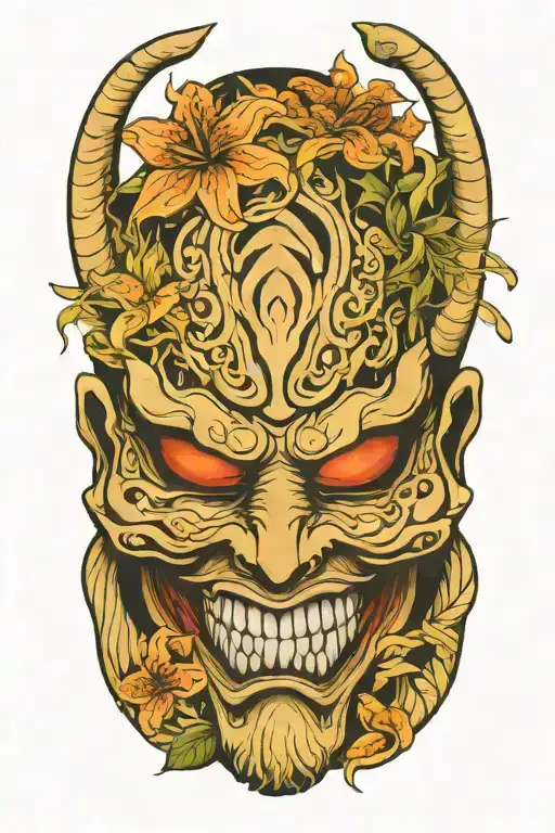 Japanese Oni Mask Featuring Spider Lillies Growing Around