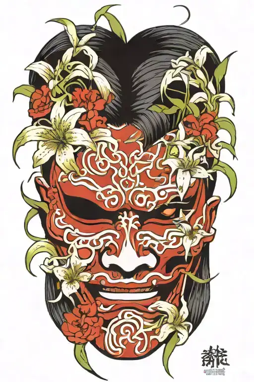 Japanese Oni Mask Featuring Spider Lillies Growing Around