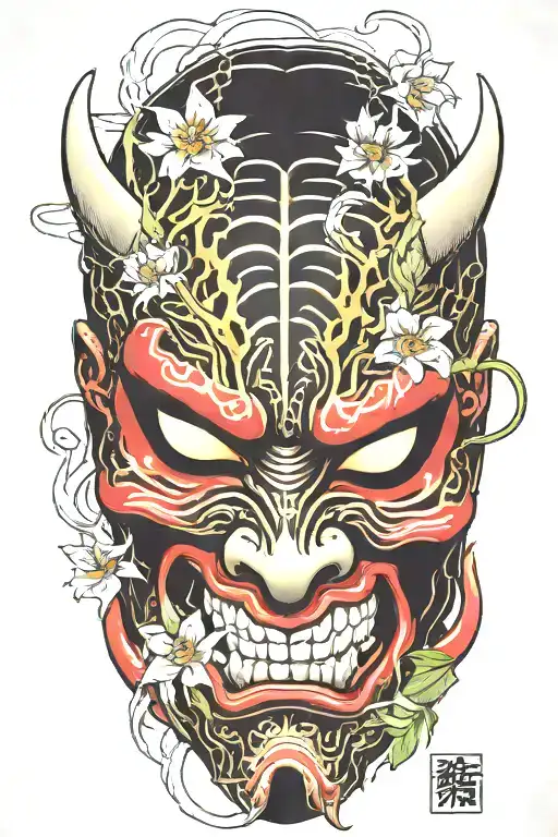 Japanese Oni Mask Featuring Spider Lillies Growing Around