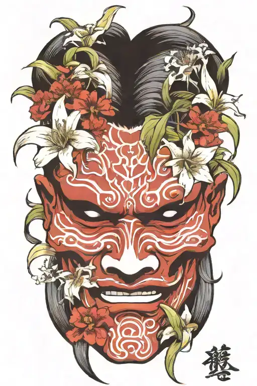 Japanese Oni Mask Featuring Spider Lillies Growing Around
