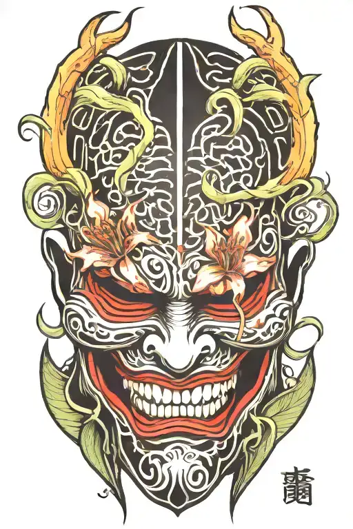 Japanese Oni Mask Featuring Spider Lillies Growing Around