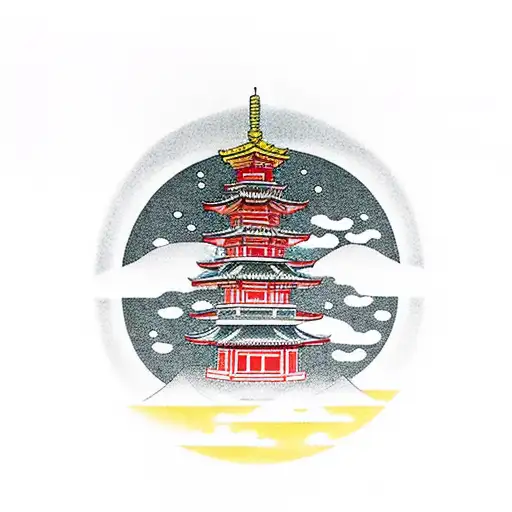 Japanese Pagoda Over A Red Moon And Clouds In Japanese Style In Front