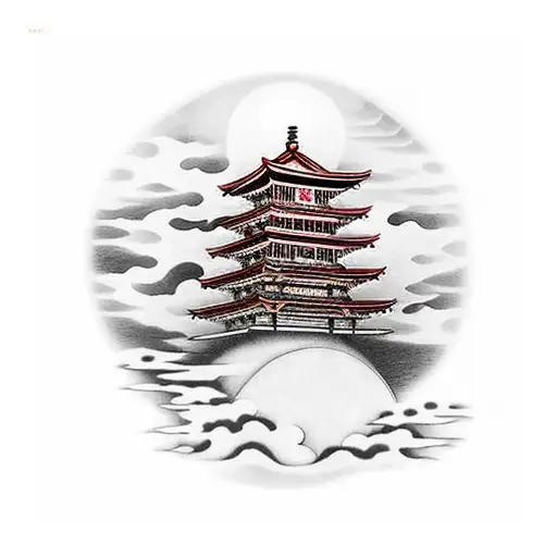 Japanese Pagoda Over A Red Moon And Clouds In Japanese Style In Front