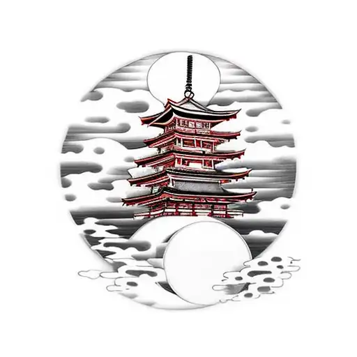 Japanese Pagoda Over A Red Moon And Clouds In Japanese Style In Front