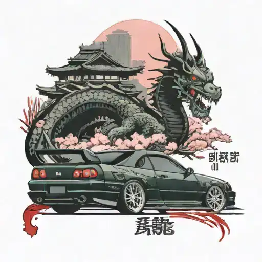 Zyxenberg Text And Car Skyline R-34 Japanesse Dragon Whit Sakura And Katana Samurai