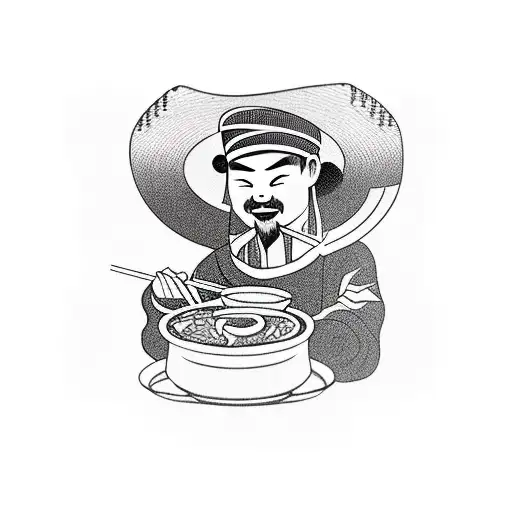 Chinese Man Eating Noodles With Rice Hat