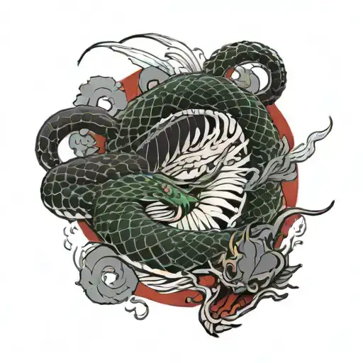 Snake That Disintegrates Into A Snake Skeleton With A Dragon And Coy Carps