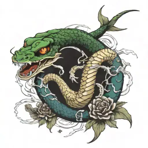 Snake That Disintegrates Into A Snake Skeleton With A Dragon And Coy Carps