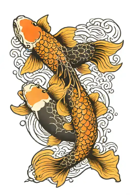 Two Koi Fish With Waves Ying And Yang