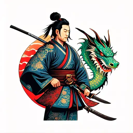 Japanese Samurai Warrior With Dragon In The Background