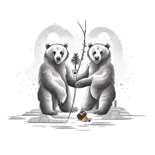 Two Bears In Love With A Jar Of Honey Under A Palm Tree