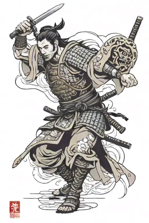 Samurai Warrior With Broken Armor Holding