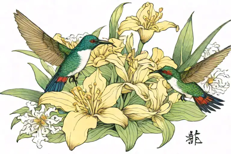 Iris And Water Lily With A Hummingbird Hovering