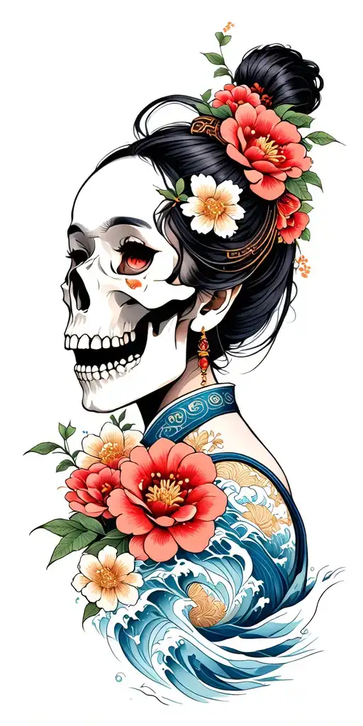 Sexy Samurai Woman Skull Whit Flowers And Waves