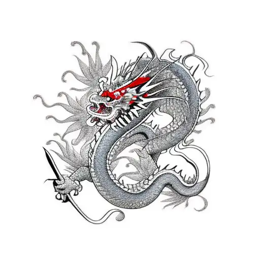 Japanese Dragon Around Katana