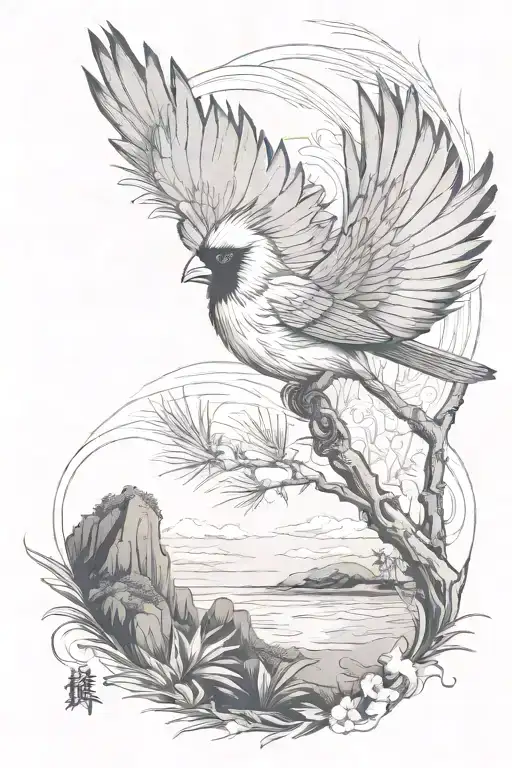 Cardinal Flying Towards A Palm Tree