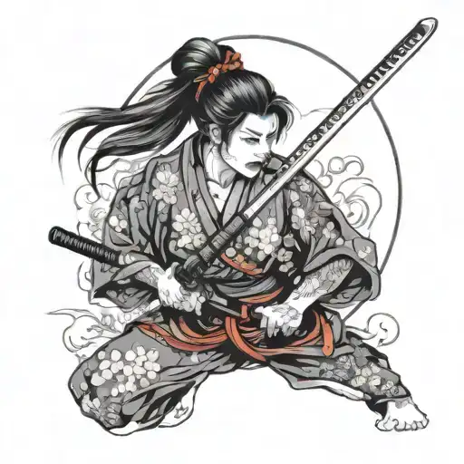 Samurai Girl Fighting While Holding Katana Stabbed