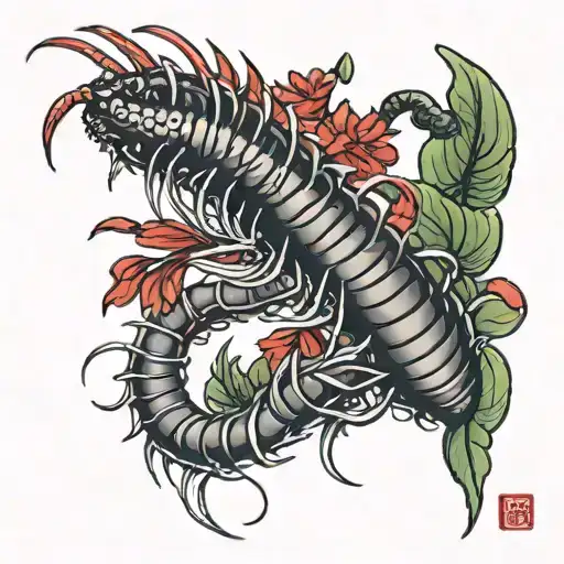 Centipede Around A Red Spider Lily