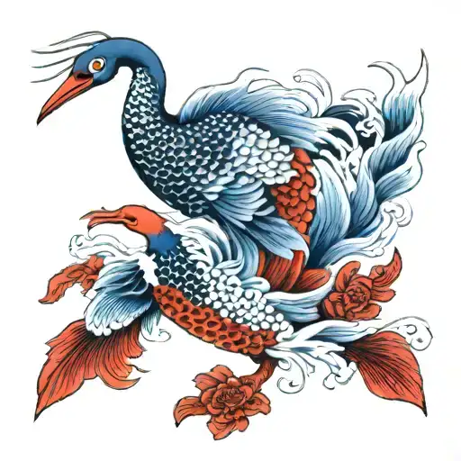 Japanese Red And Blue Crane And Koi Fish Swimming Upstream