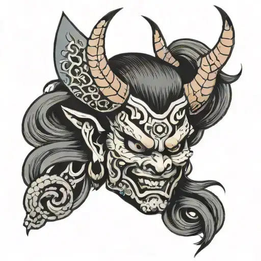 Japanese Oni Mask With Demon Woman Behind